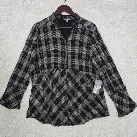 Habitat Womens Button Front Top Size Medium Plaid Long Sleeve Gauzy Lagenlook - Picture 1 of 13